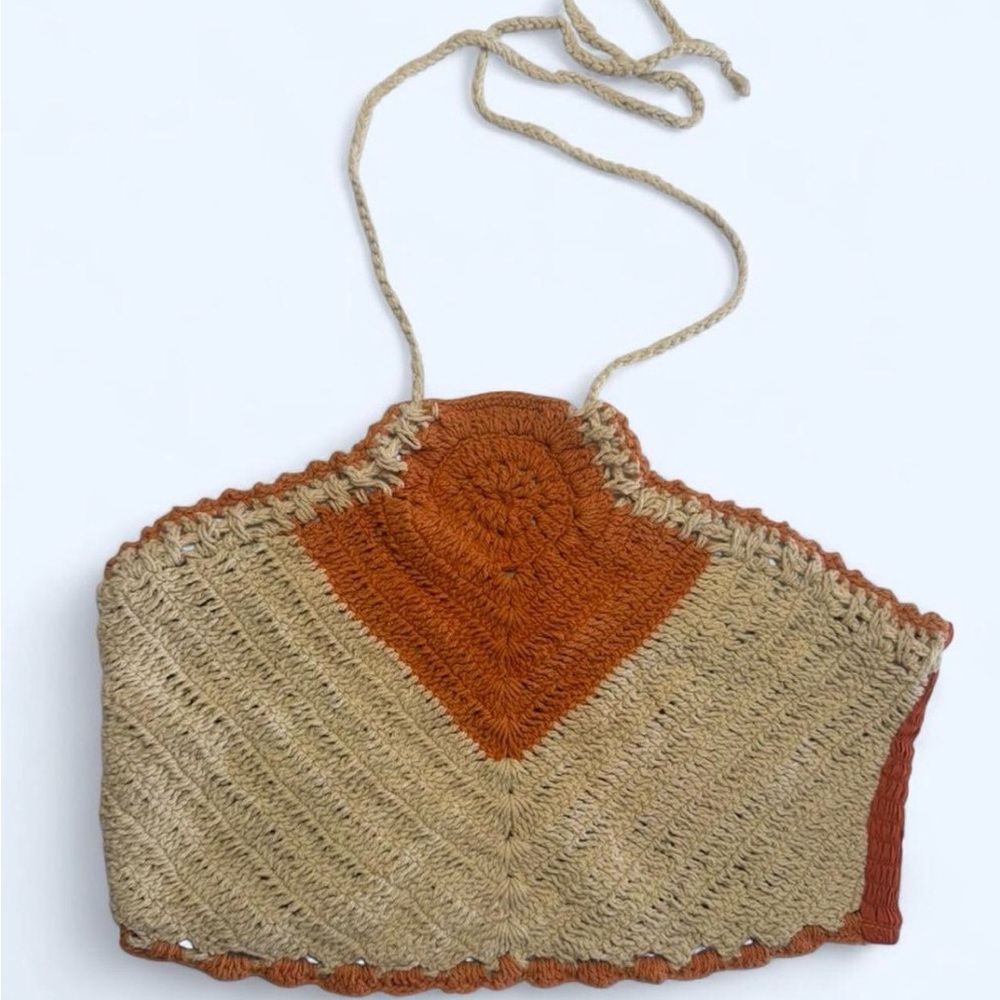 Boho Crochet Halter Top, White/Burnt Orange, Size M